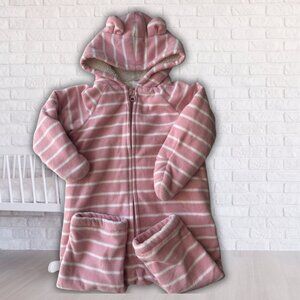 Old Navy Pink & White Striped Fleece Hooded One-Piece Pajamas | 12–18M